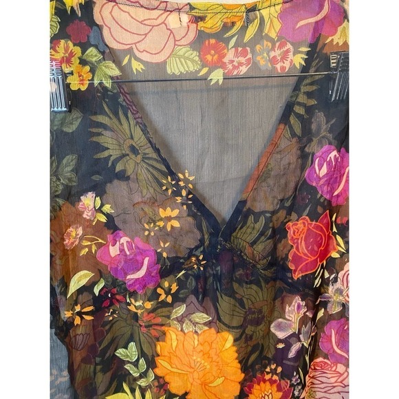 Vintage Y2K Boho Lemon Collection Floral Sheer Deep V Mini Dress Swim coverup - Picture 7 of 16